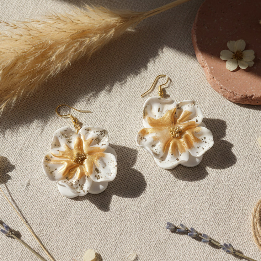 Ces boucles d'oreilles présentent un motif floral raffiné en blanc immaculé, rehaussé de touches dorées pour une touche de sophistication. L'argile polymère utilisée garantit une légèreté exceptionnelle tout en offrant une résistance durable