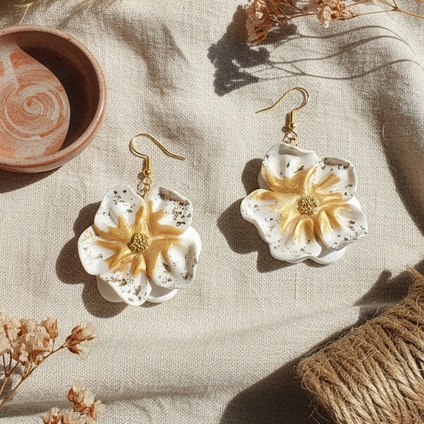 Ces boucles d'oreilles présentent un motif floral raffiné en blanc immaculé, rehaussé de touches dorées pour une touche de sophistication. L'argile polymère utilisée garantit une légèreté exceptionnelle tout en offrant une résistance durable