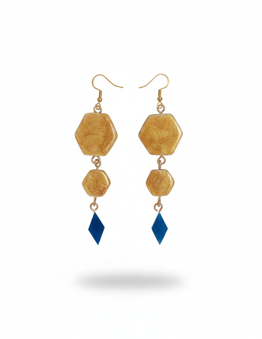 Boucles d'oreilles pendantes hexagonales florales bleues rétro chic acier argile - Talis & co