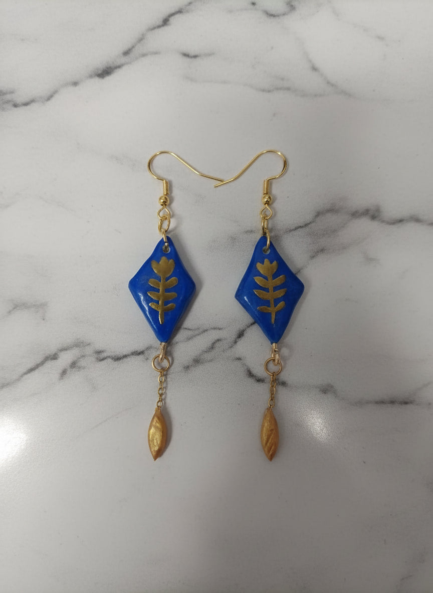 Boucles d'Oreilles Pendantes Rétro Chic - Géométriques Bleu Royal & Or - Talis & co