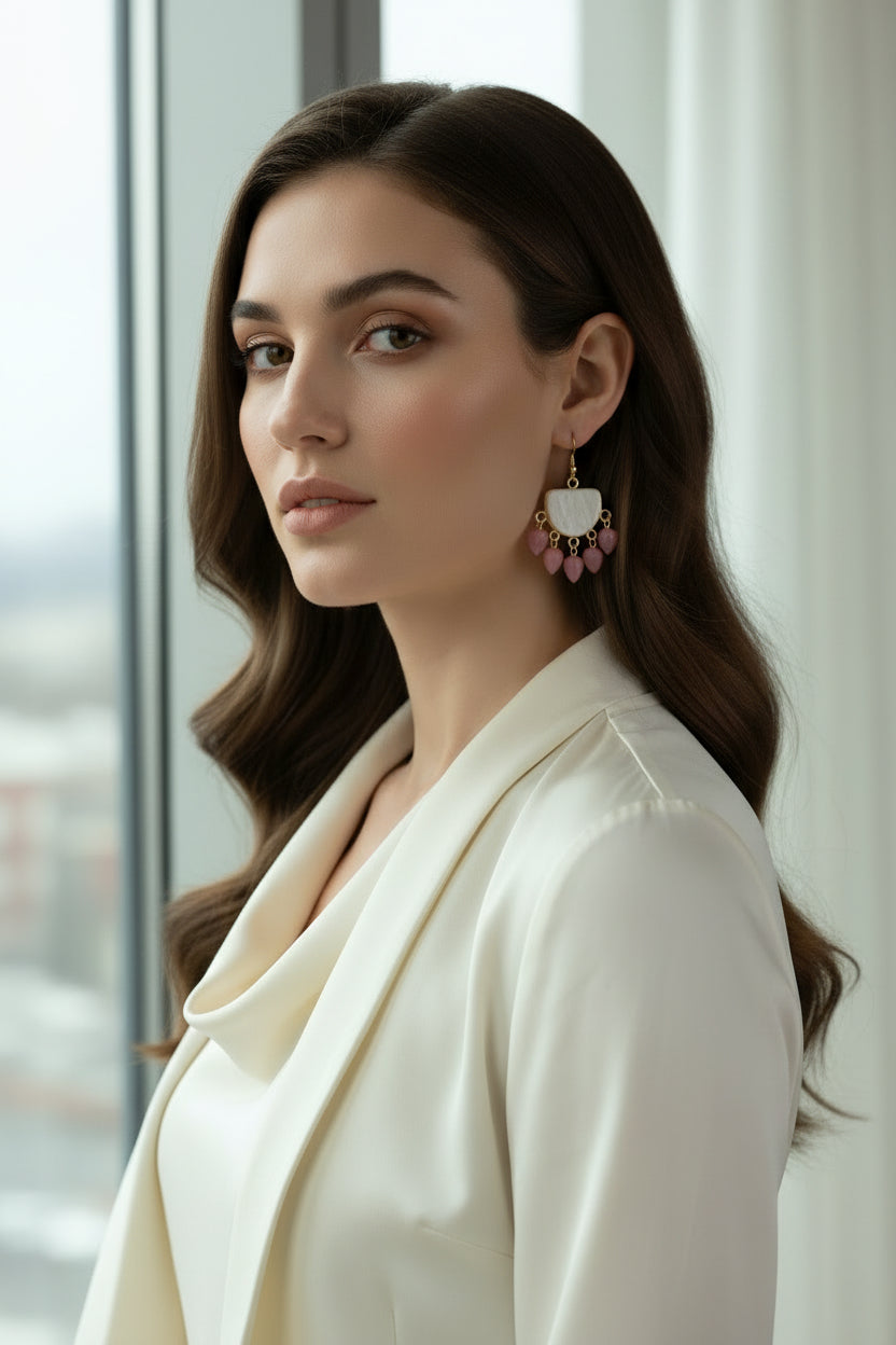 Boucles d'Oreilles Chics "Élégance Rosée" : Argile Nacrée & Perles en Résine - Talis & co