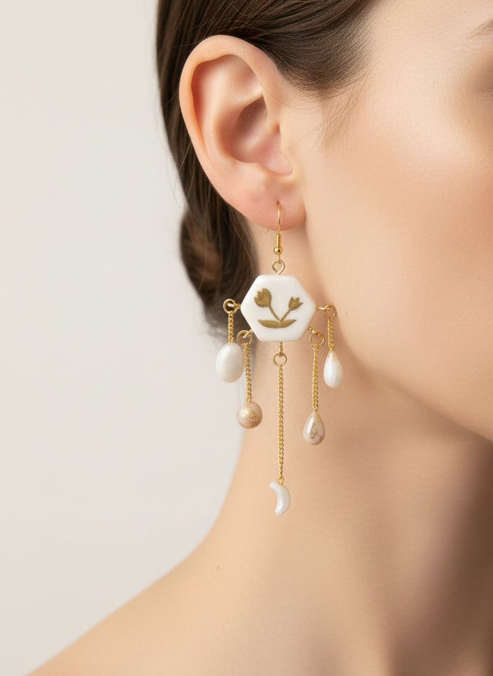 Boucles doreilles en acier inoxydable baroque chic tendance blanc et or