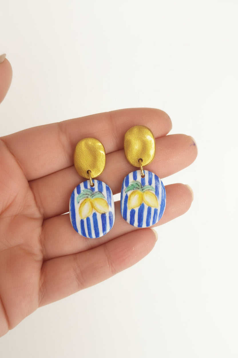Boucles d'Oreilles Limoncello - Citron sur Fond Rayé Bleu | Argile polymère