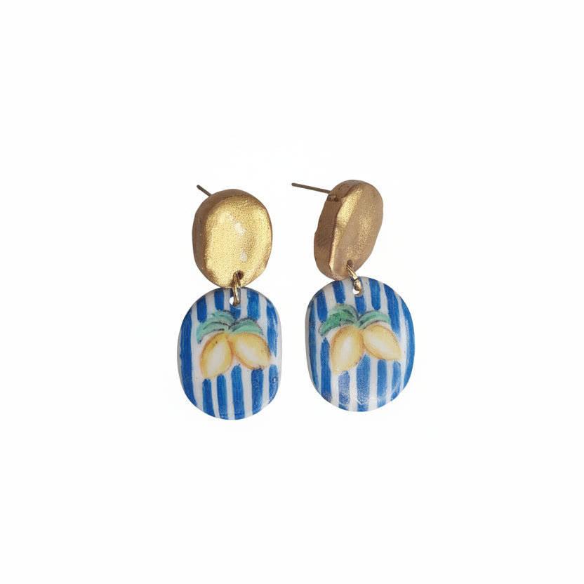 Boucles d'Oreilles Limoncello - Citron sur Fond Rayé Bleu | Argile polymère