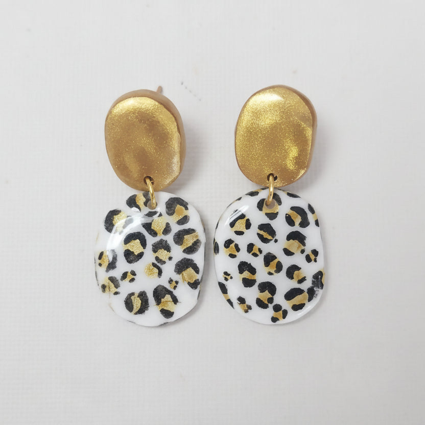 Boucles d'Oreilles Savane - Léopard et Doré | Argile polymère