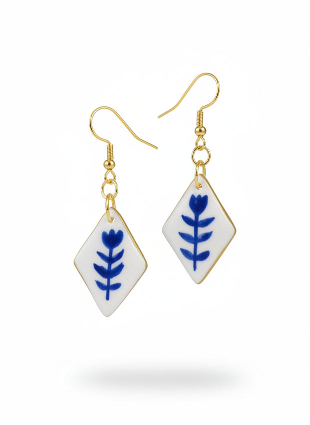 Boucles d'Oreilles Losange Chic et Minimaliste – Motif Floral Bleu et Blanc - Talis & co