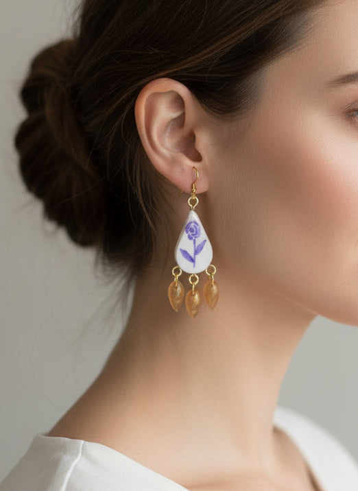 Boucles d'oreilles pendantes florales en forme de gouttes en argile et acier inoxydable 
