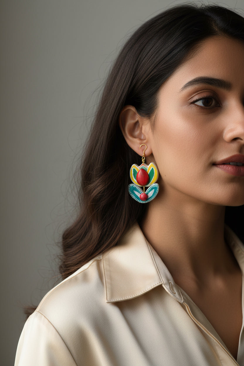 Boucles d'Oreilles Folkloriques en argile Peinte à la Main – Motif Floral Jaune et Vert