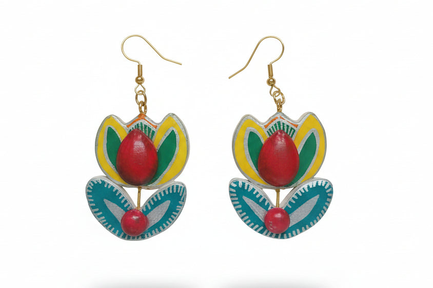 Boucles d'Oreilles Folkloriques en argile Peinte à la Main – Motif Floral Jaune et Vert