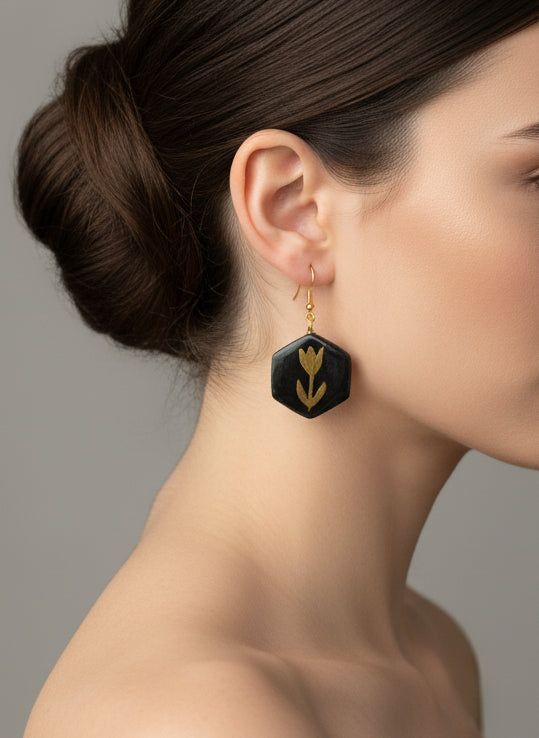 Boucles d’oreilles noirs chic bohème baroque or