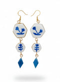 Boucles d'oreilles pendantes hexagonales florales bleues rétro chic acier argile - Talis & co