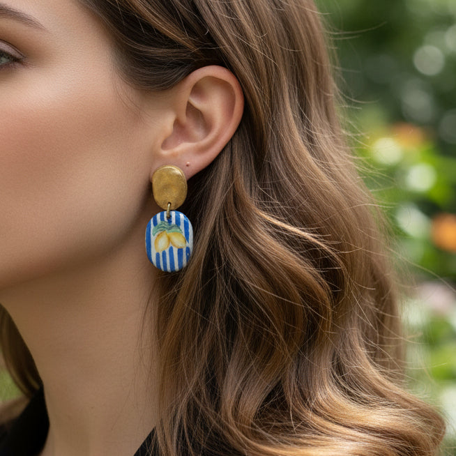 Boucles d'Oreilles Limoncello - Citron sur Fond Rayé Bleu | Argile polymère
