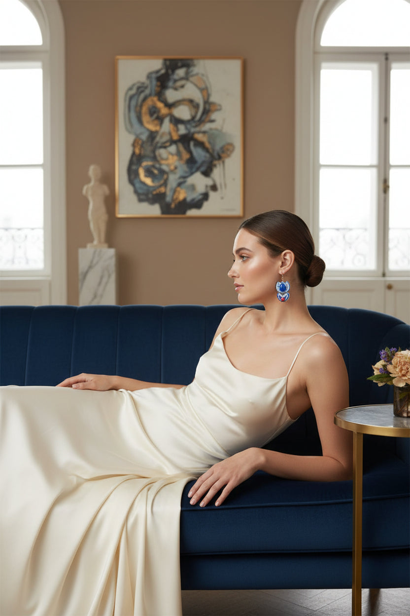 Boucles d'Oreilles florales tulipe Bleues et Blanches - Argile Polymère & Résine - Talis & co