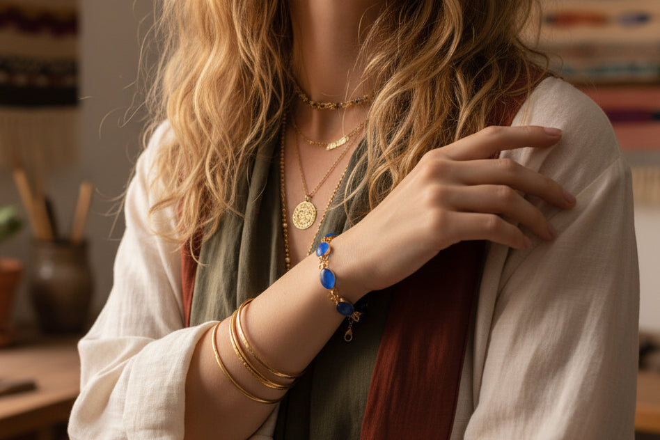 Bracelet perles Bleues acier et Laiton Doré - undefined