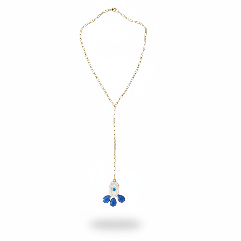 Collier Lariat en Acier Inoxydable – Pendentifs en Argile Peints à la Main & Perles Résine Bleues