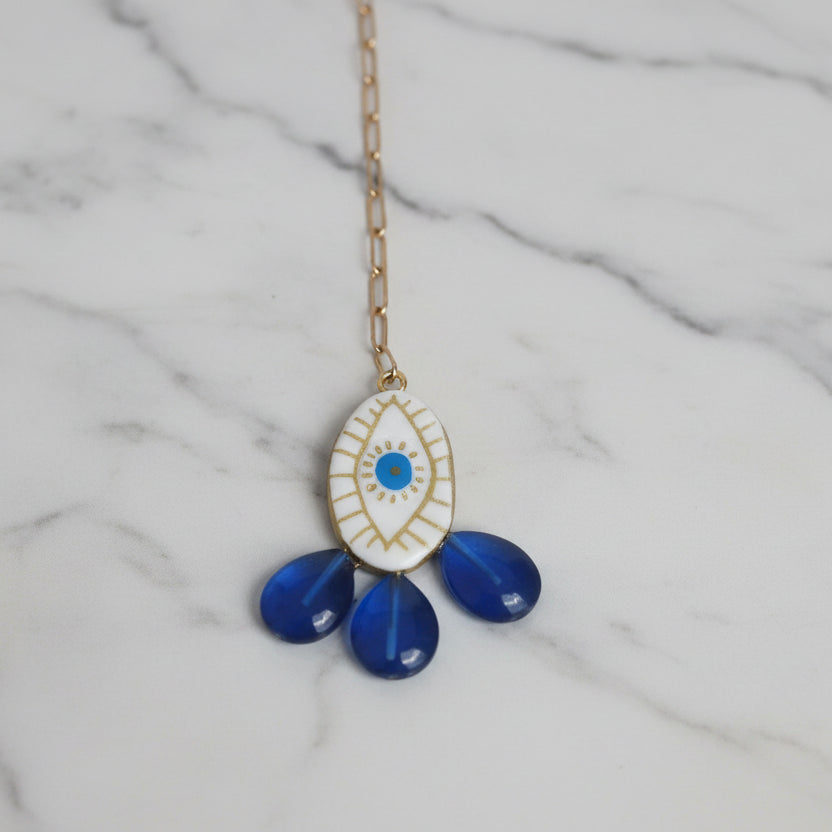 Collier Lariat en Acier Inoxydable – Pendentifs en Argile Peints à la Main & Perles Résine Bleues