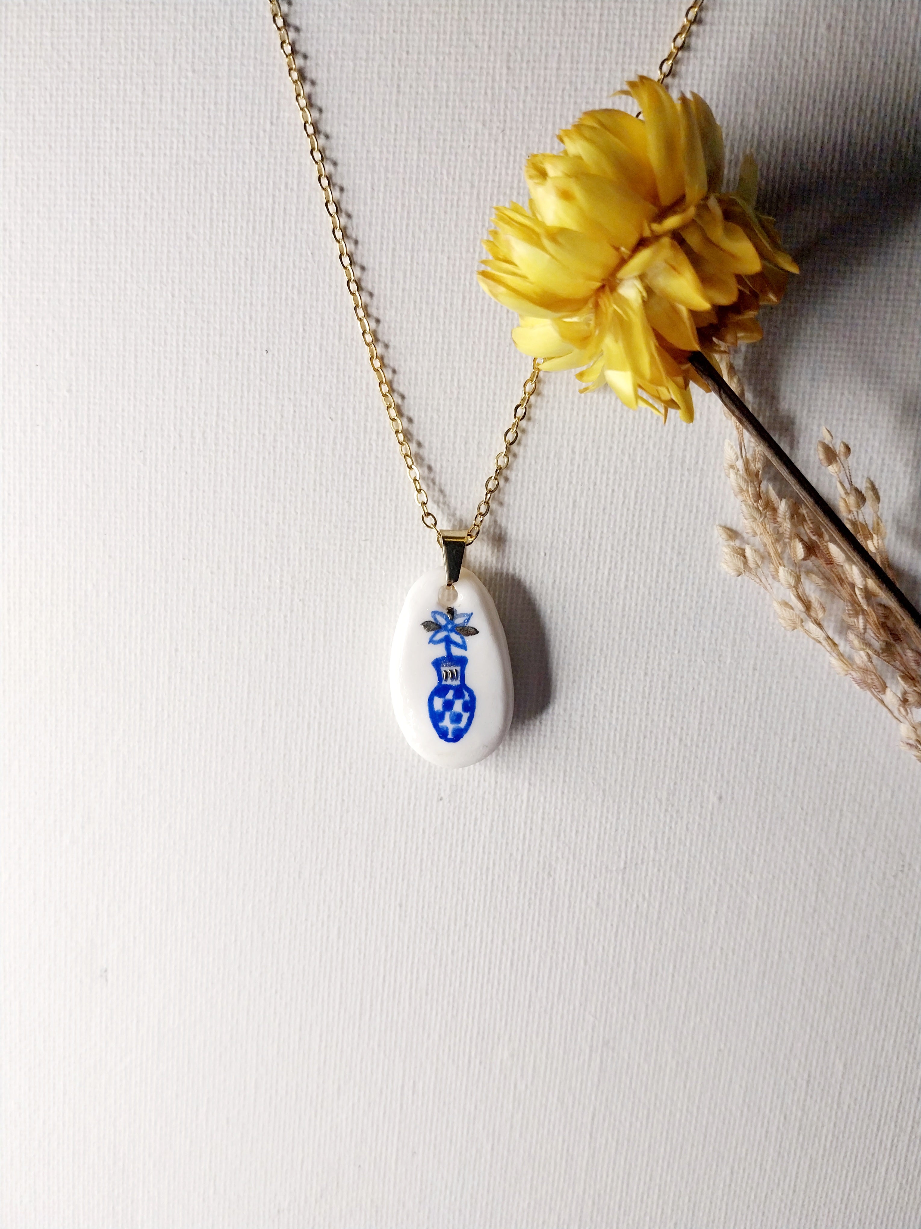 plant pot necklace Blue and gold polymer clay flower pot pendant