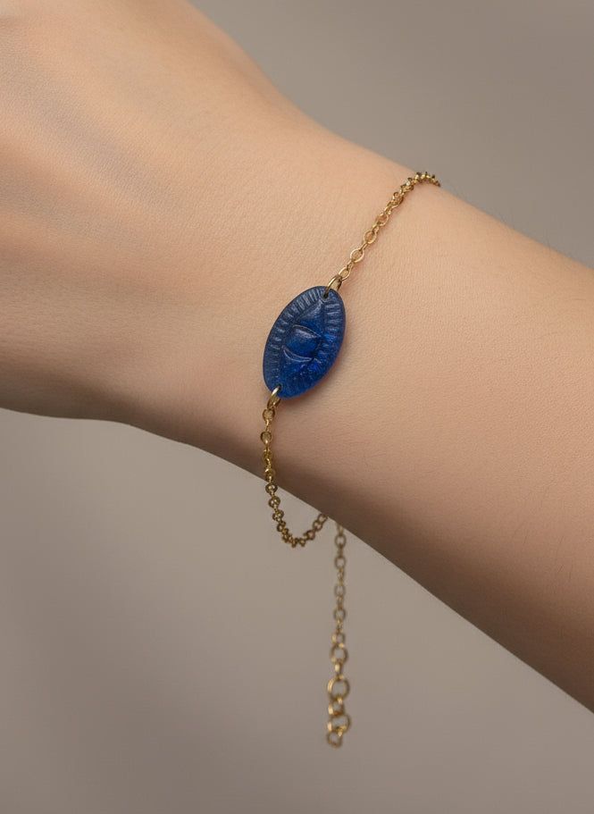 Bracelet  en acier inoxydable chic bohème baroque oeil protecteur bleu et or 