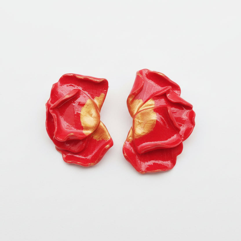 Boucles d'Oreilles Flamme - Pétales Rouge et Doré | Argile polymère