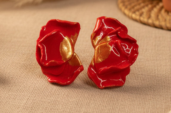 Boucles d'Oreilles Flamme - Pétales Rouge et Doré | Argile polymère
