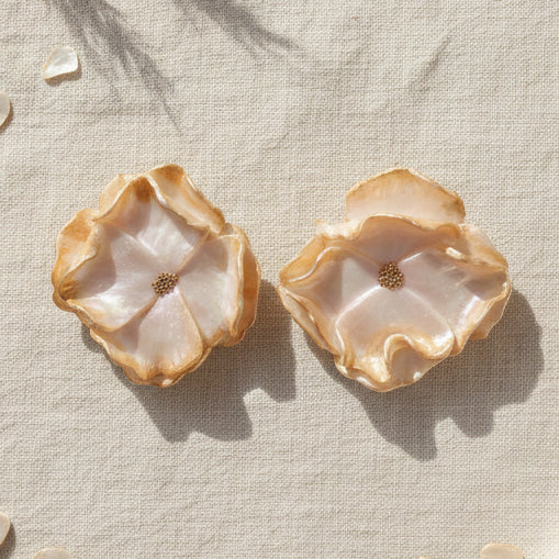 Boucles d'Oreilles Aurore - Fleurs Reflets Rose et Doré | Argile polymère