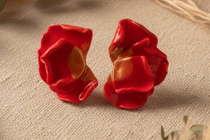 Boucles d'Oreilles Flamme - Pétales Rouge et Doré | Argile polymère