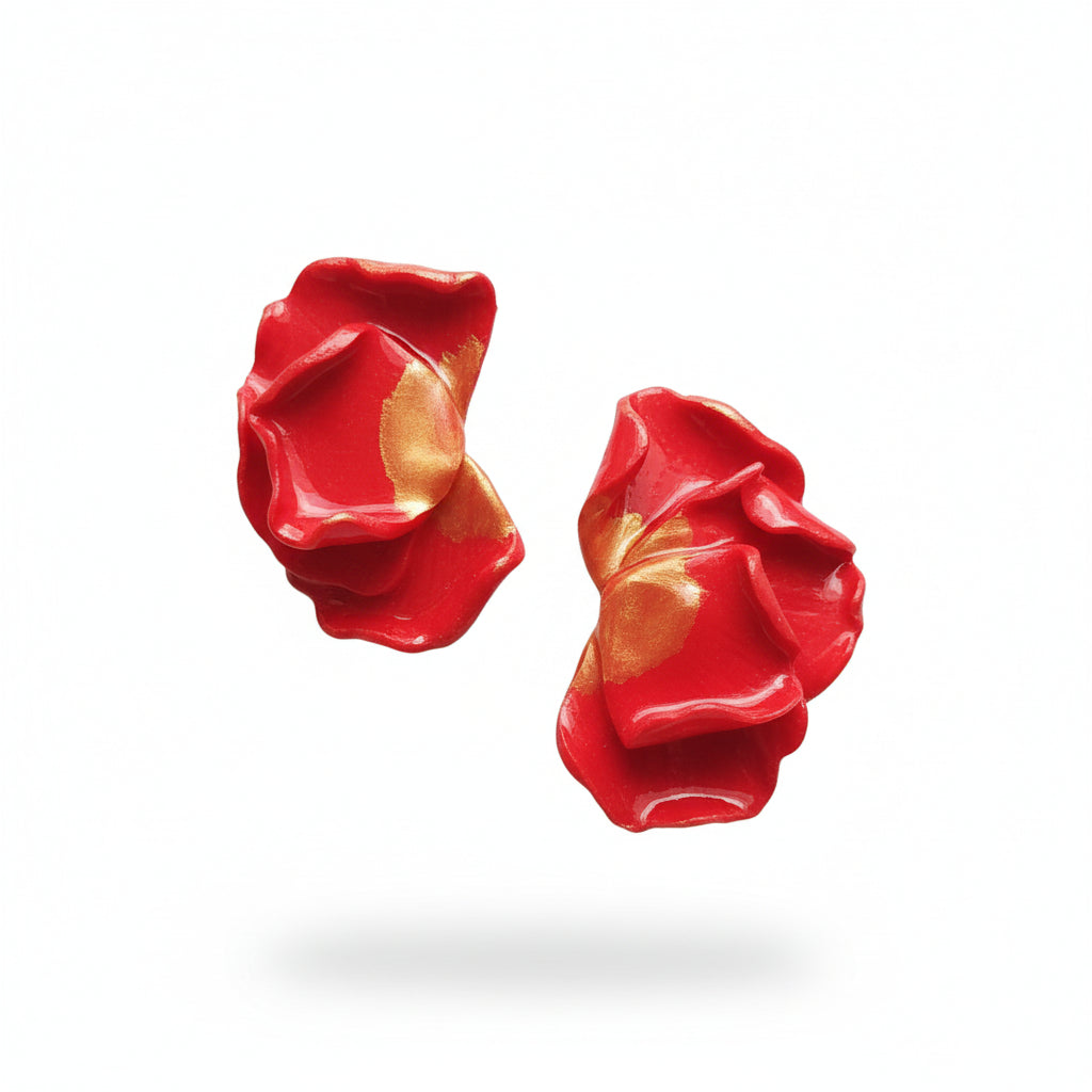 Boucles d'Oreilles Flamme - Pétales Rouge et Doré | Argile polymère