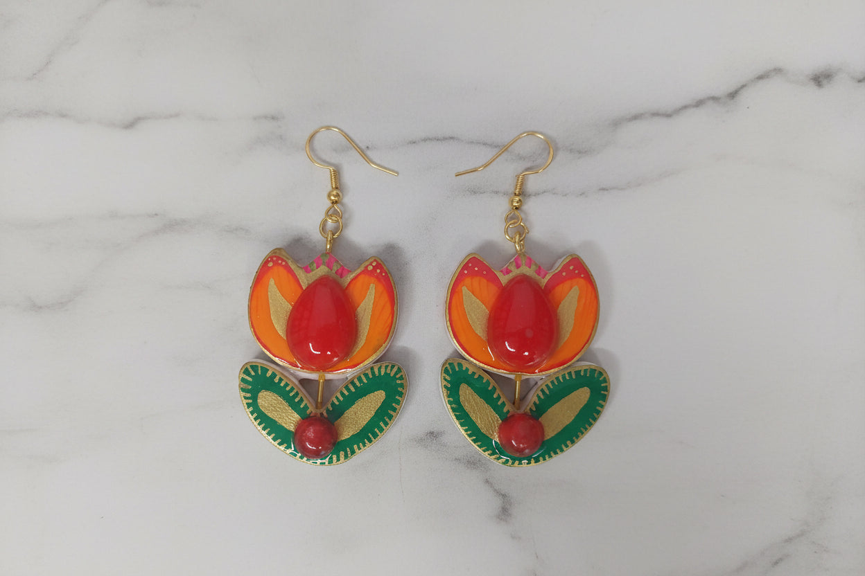 Folkloric polymer clay earrings - handmade - Orange and green floral pattern