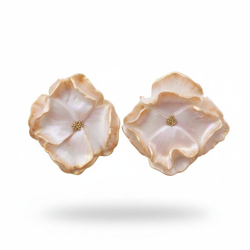 Boucles d'Oreilles Aurore - Fleurs Reflets Rose et Doré | Argile polymère