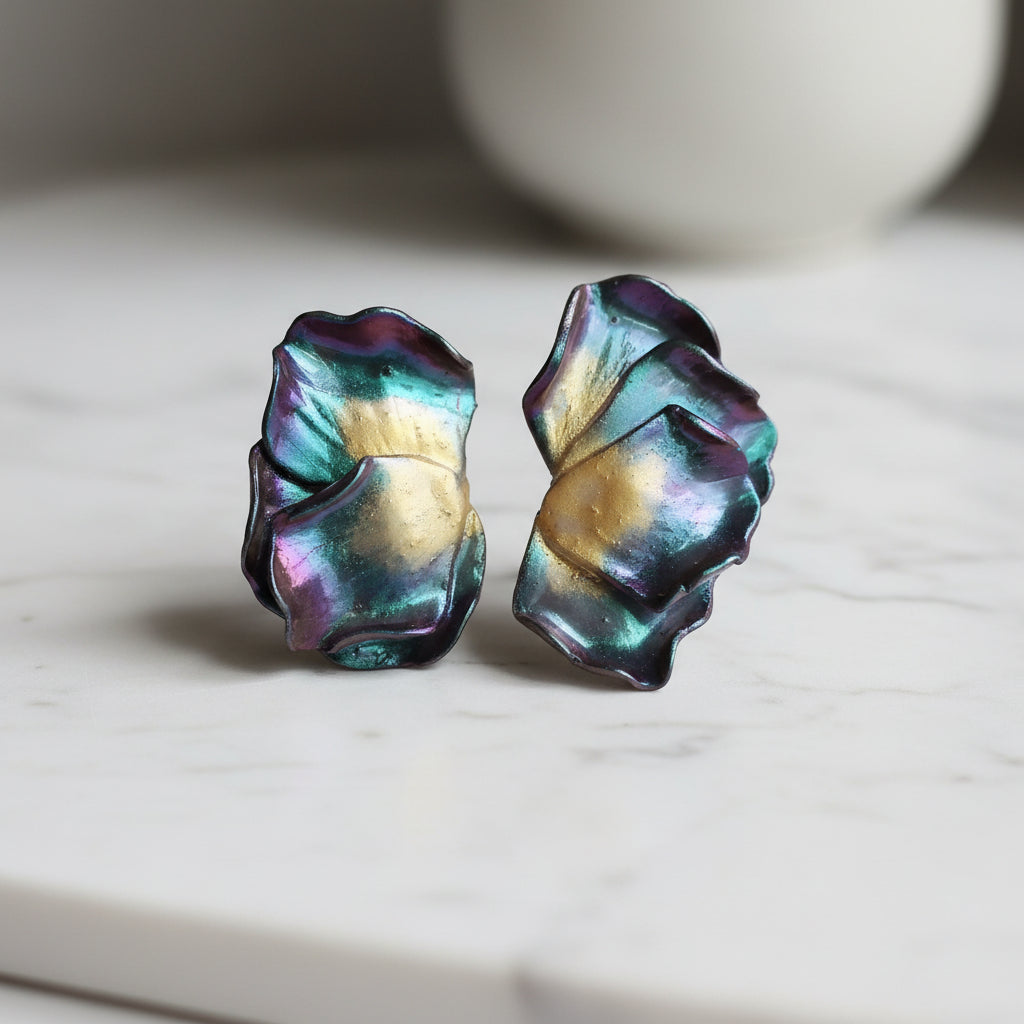 Boucles d'Oreilles Aurora - Turquoise Violet Doré | Argile polymère