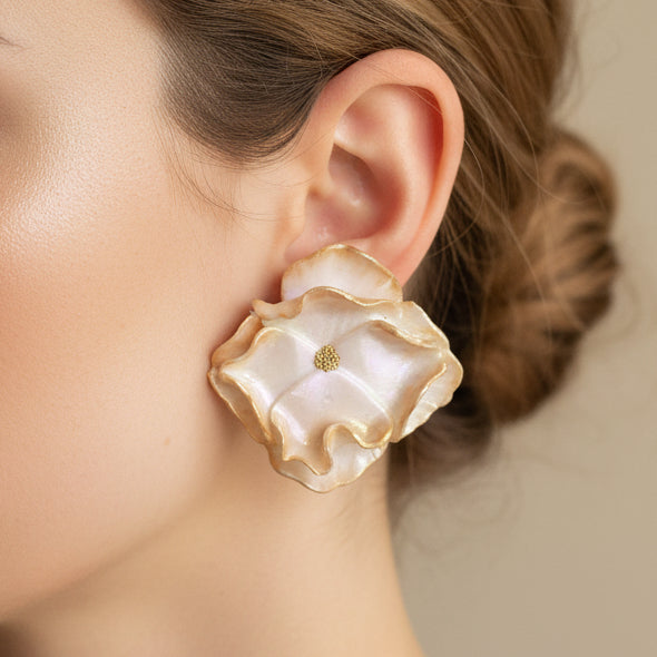 Boucles d'Oreilles Aurore - Fleurs Reflets Rose et Doré | Argile polymère