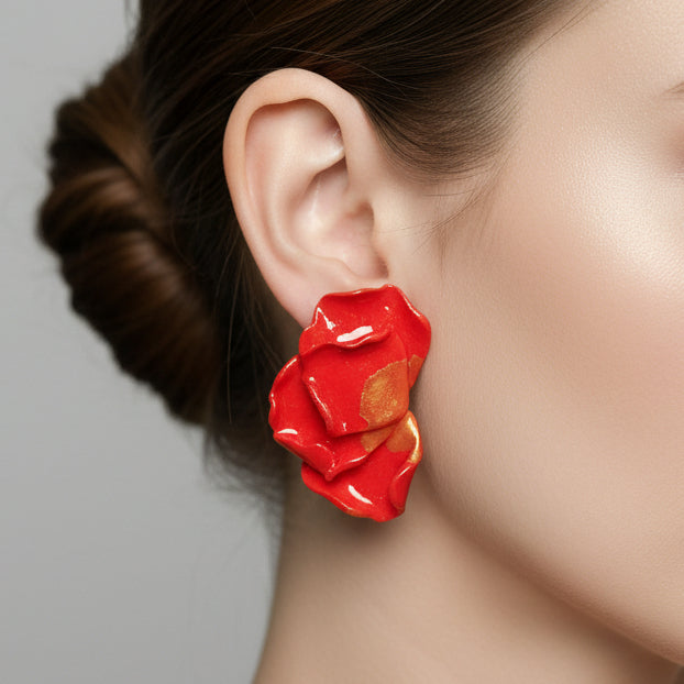 Boucles d'Oreilles Flamme - Pétales Rouge et Doré | Argile polymère